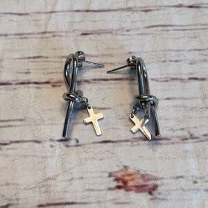 Silver Prong Earrings with Cross